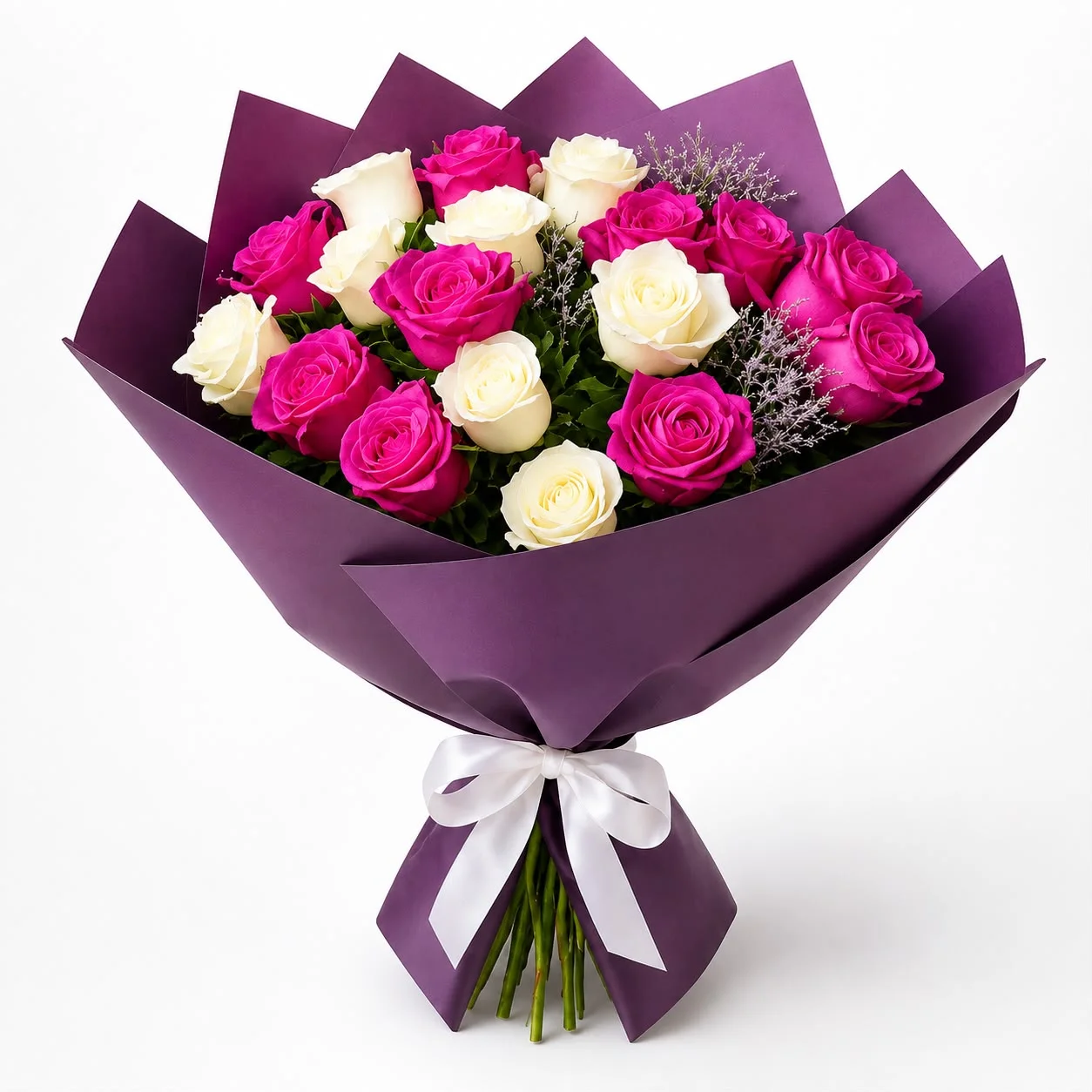Emirati Women’s Day white and purple rose bouquet with 7 white and 8 purple roses for her